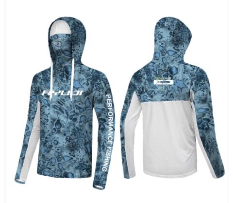 RYUJI UV PERFORMANCE HOODIE SHIRT+NECK, BLUE REEF 2X-LARGE