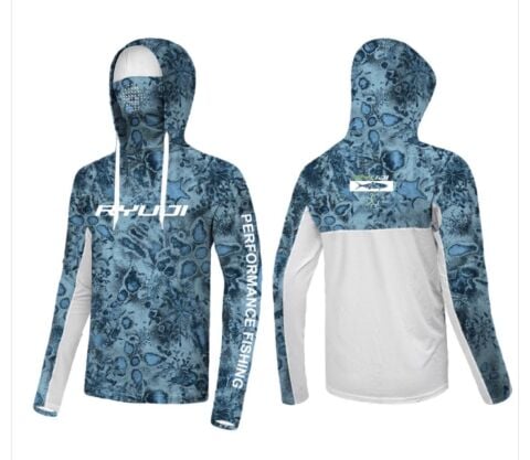 RYUJI UV PERFORMANCE HOODIE SHIRT+NECK, BLUE REEF LARGE